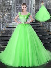  Straps Sleeveless With Train Beading and Appliques Lace Up Quince Ball Gowns with Brush Train