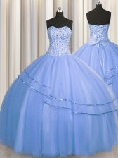 Dynamic Visible Boning Big Puffy Blue Lace Up Vestidos de Quinceanera Beading Sleeveless Floor Length