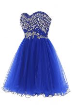 Most Popular Mini Length Royal Blue Evening Dress Tulle Sleeveless Beading