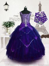Amazing Purple Straps Neckline Beading and Belt Little Girls Pageant Dress Sleeveless Lace Up