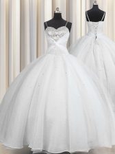 Ideal Spaghetti Straps White Sleeveless Floor Length Beading and Ruching Lace Up Quinceanera Gown