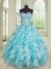 High End Floor Length Blue And White Quinceanera Gowns Organza Sleeveless Beading and Ruffles