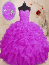 Purple Lace Up Sweetheart Beading and Ruffles Quinceanera Gown Organza Sleeveless