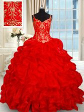  Sleeveless Organza Brush Train Lace Up Ball Gown Prom Dress in Red with Beading and Ruffles and Pick Ups