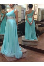  One Shoulder Sleeveless Floor Length Beading and Sashes ribbons Side Zipper Prom Gown with Baby Blue