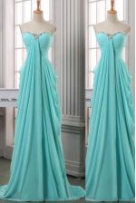  Sleeveless With Train Ruching Zipper Prom Dress with Turquoise Brush Train
