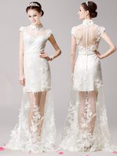 Traditional White Empire High-neck Cap Sleeves Tulle With Brush Train Clasp Handle Lace and Appliques Prom Gown