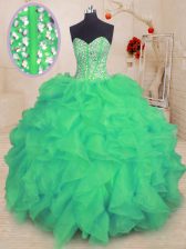 Exceptional Turquoise Organza Lace Up Sweetheart Sleeveless Floor Length Quinceanera Gowns Beading and Ruffles