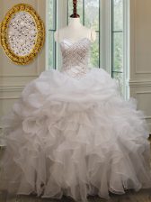 Customized White Organza Lace Up Quince Ball Gowns Sleeveless Floor Length Beading and Ruffles and Pick Ups