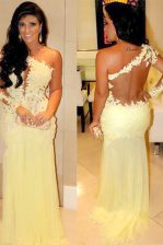 Fashionable One Shoulder Floor Length Column/Sheath Long Sleeves Light Yellow Prom Dresses Side Zipper