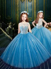  Scoop Blue Sleeveless Floor Length Appliques Clasp Handle Pageant Gowns For Girls