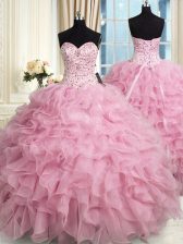 Beautiful Floor Length Rose Pink Quince Ball Gowns Sweetheart Sleeveless Lace Up