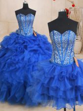 Unique Three Piece Ball Gowns 15th Birthday Dress Royal Blue Sweetheart Organza Sleeveless Floor Length Lace Up