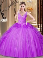 Amazing Purple Ball Gowns Tulle and Sequined V-neck Sleeveless Appliques and Ruffles and Sequins Floor Length Backless Quinceanera Dresses