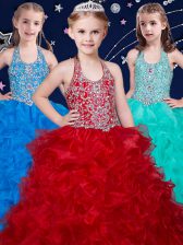 Sweet Wine Red and Baby Blue and Turquoise Zipper Halter Top Beading and Ruffles Pageant Gowns For Girls Organza Sleeveless