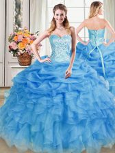  Blue Ball Gowns Beading and Ruffles and Pick Ups Quinceanera Gown Lace Up Organza Sleeveless Floor Length