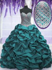  Floor Length Lace Up Ball Gown Prom Dress Teal for Military Ball and Sweet 16 and Quinceanera with Beading and Sequins and Pick Ups