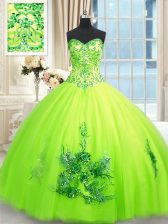 Adorable Yellow Green Tulle Lace Up Quince Ball Gowns Sleeveless Floor Length Beading and Appliques and Embroidery