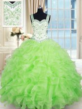 Fitting Yellow Green Sleeveless Organza Lace Up Quince Ball Gowns for Military Ball and Sweet 16 and Quinceanera