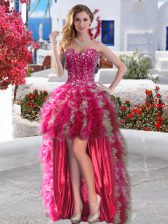 Admirable Sweetheart Sleeveless Prom Gown High Low Beading and Ruffles Fuchsia Organza