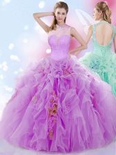 Shining Halter Top Floor Length Lilac Quinceanera Gowns Tulle Sleeveless Beading and Ruffles
