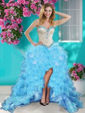 Fancy High Low Ball Gowns Sleeveless Baby Blue Prom Dress Lace Up