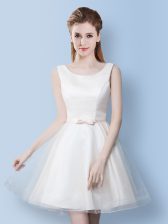  Scoop Bowknot Quinceanera Dama Dress White Lace Up Sleeveless Knee Length