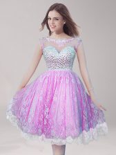 Deluxe A-line Prom Party Dress Lilac Scoop Lace Sleeveless Knee Length Backless