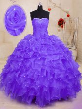 Popular Purple Ball Gowns Beading and Ruffles and Hand Made Flower Quinceanera Gowns Lace Up Organza Sleeveless Floor Length