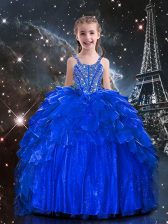 New Style Royal Blue Ball Gowns Organza Spaghetti Straps Sleeveless Beading and Ruffles Floor Length Lace Up Little Girls Pageant Gowns