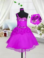  Sweetheart Sleeveless Party Dress for Toddlers Knee Length Beading and Hand Made Flower Fuchsia Organza