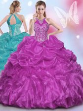 Super Halter Top Sleeveless Ball Gown Prom Dress Floor Length Appliques and Pick Ups Fuchsia Organza