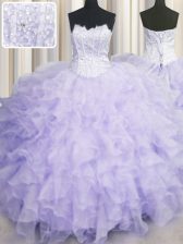 Artistic Scalloped Floor Length Lace Up Quinceanera Gowns Lavender for Military Ball and Sweet 16 and Quinceanera with Beading and Ruffles