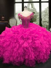  Fuchsia Cap Sleeves Floor Length Beading and Ruffles Lace Up Quince Ball Gowns