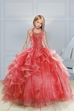 Popular Halter Top Red Sleeveless Floor Length Beading and Ruffles Lace Up Girls Pageant Dresses