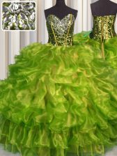 Fantastic Organza Sweetheart Sleeveless Lace Up Beading and Ruffles Quinceanera Gowns in Olive Green