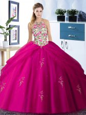  Fuchsia Halter Top Lace Up Embroidery and Pick Ups Quinceanera Dresses Sleeveless