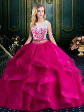 Gorgeous Scoop Fuchsia Lace Up Quinceanera Dresses Lace and Ruffles Sleeveless With Brush Train