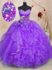 Elegant Sweetheart Sleeveless Quinceanera Gowns Floor Length Beading and Ruffles Lavender Organza