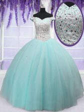 Admirable Off the Shoulder Light Blue Ball Gowns Beading Ball Gown Prom Dress Lace Up Tulle Short Sleeves Floor Length
