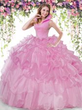  Lilac Backless 15th Birthday Dress Beading and Ruffled Layers Sleeveless Floor Length