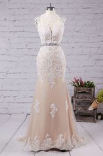  Mermaid Scoop Sleeveless Sweep Train Backless Evening Dress Champagne Tulle
