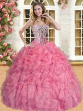  Watermelon Red 15 Quinceanera Dress Military Ball and Sweet 16 and Quinceanera with Beading and Ruffles Sweetheart Sleeveless Lace Up