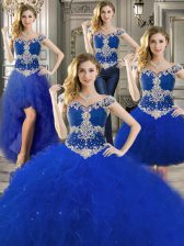  Three Piece Off the Shoulder Royal Blue Sleeveless Tulle Zipper Quinceanera Gowns for Military Ball and Sweet 16 and Quinceanera