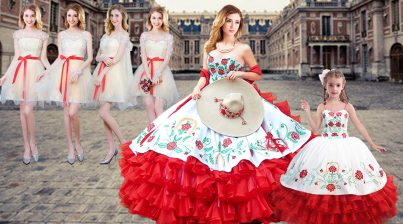 Attractive Satin and Organza Sweetheart Sleeveless Lace Up Embroidery Quinceanera Dresses in White And Red