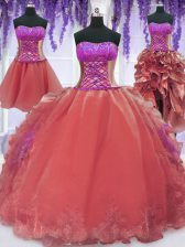  Four Piece Watermelon Red Lace Up 15th Birthday Dress Embroidery and Ruffles Sleeveless Floor Length