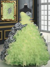 Sexy Yellow Green Lace Up Sweetheart Beading and Ruffles and Pattern Sweet 16 Quinceanera Dress Organza and Printed Sleeveless Brush Train