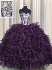 Extravagant Visible Boning Purple Sweetheart Neckline Ruffles and Sequins Sweet 16 Dresses Sleeveless Lace Up