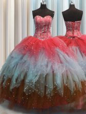  Visible Boning Beading and Ruffles and Sequins 15 Quinceanera Dress Multi-color Lace Up Sleeveless Floor Length