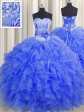 Custom Made Handcrafted Flower Sleeveless Floor Length Beading and Ruffles and Hand Made Flower Lace Up Ball Gown Prom Dress with Royal Blue